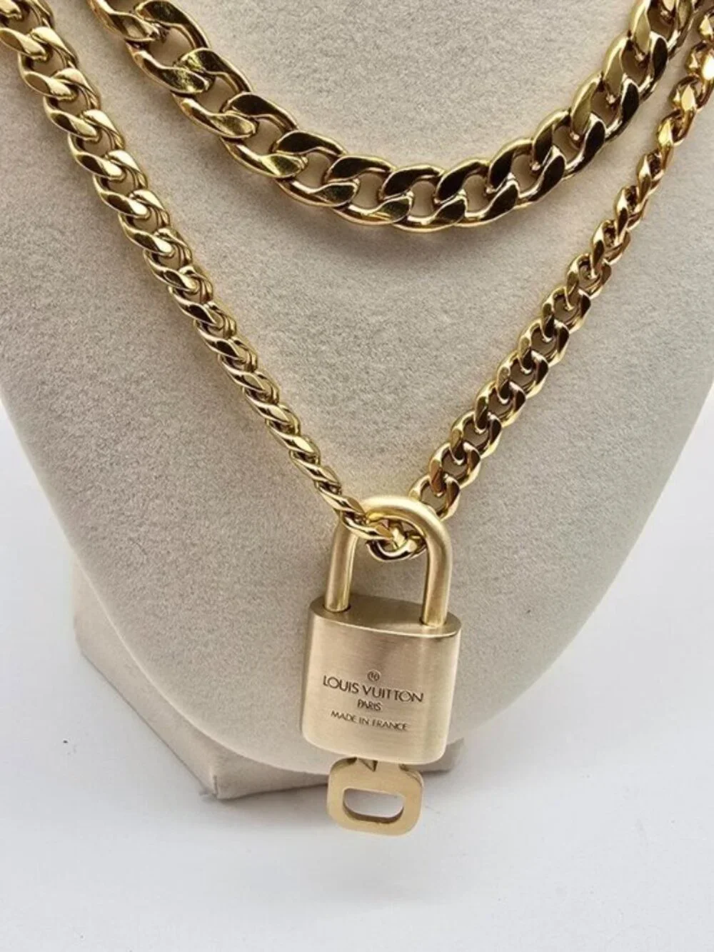 Authentic Louis Vuityon Gold Padlock Pendant with Stainless Steel 2 Cuban Style